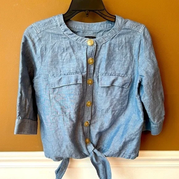 ANN TAYLOR Womens Linen Blend Tie Front Button Down Chambray Top Size XS - Picture 1 of 6